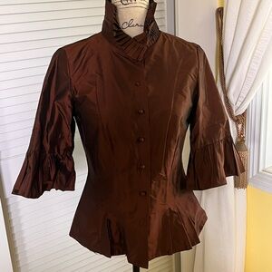 Dana Buchman elegant iridescent copper Peplum Blouse with Mandarin Collar